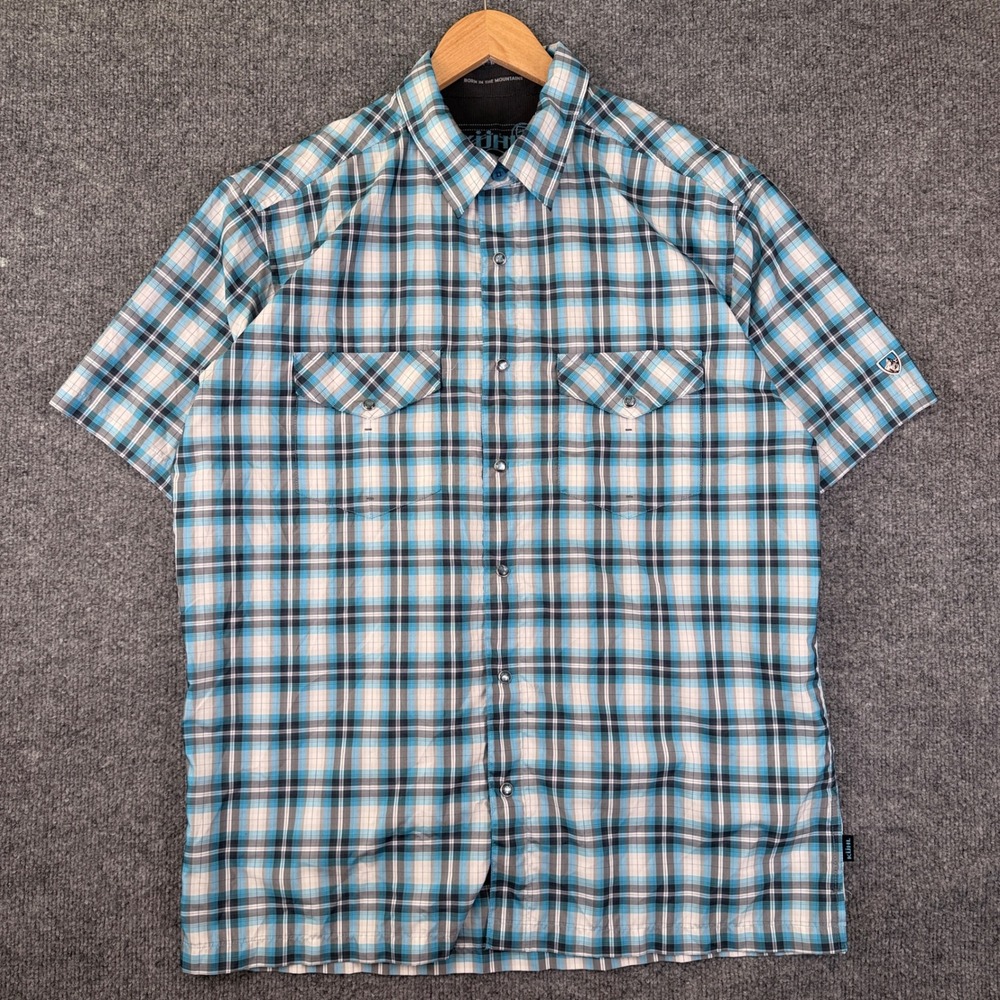 Kuhl Short Sleeve Pearl Snap Shirt Mens L Blue Plaid Outdoor Hiking Stretch